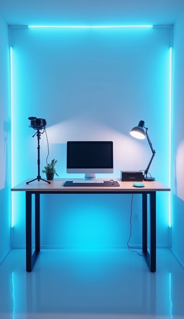 Vlogger desk without a person with dull white walls with blue LEDs