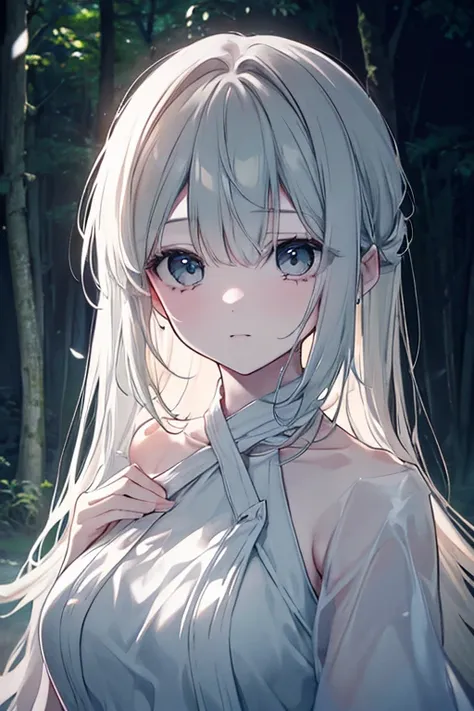 a beautiful girl in a forest at night, looking up at the glowing full moon, serene expression, wearing a flowing white dress, surrounded by tall trees, moonlight casting soft shadows, a sense of melancholy and reflection, (best quality,4k,8k,highres,master...