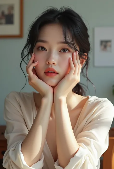 A woman is sitting at a desk with her hands on her chin,  picture inspired by Ma Yuanyu ,  instagram,  realism,  dilraba dilmurat , Lulu Chen,  Wenfei Ye, Gemma Chen, Chen Xintong, Leaked images, Liu Chengyou, Shision Wu,  mingchen shen , Takemura Kimi,  c...