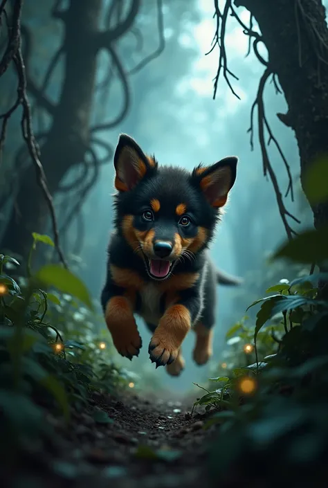 Shaferd puppy running in horror jungle
