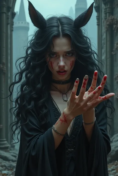 The goth Sorceress with long black curly braided flowing hair is surprised and horrified as she looks at her hands with have turned into horse hooves, fantasy realism, gothic castle background