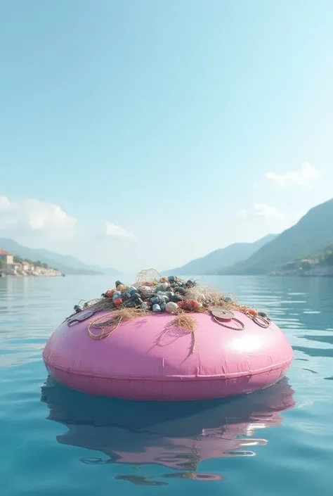 A pink  seabin floating in water and collecting waste
