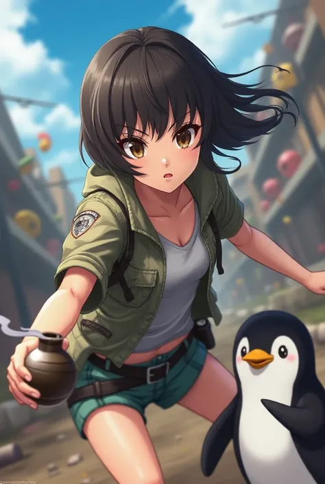 Anime style girl with dark hair brown eyes playing Battle Royal Free Fire style with a round grenade in her right hand with an anime-style pet penguin 