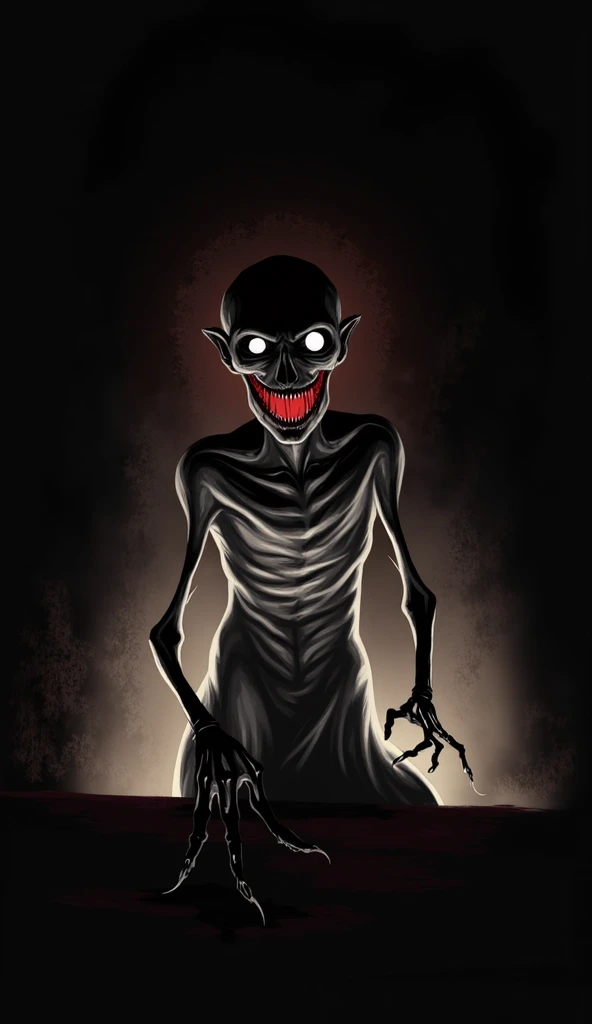   The figure of the Crooked Man facing the camera ,  in an almost completely dark environment . He is leaning,  with a macabre smile and empty eyes ,  he is very thin and has long arms , he is dark and terrifying , as if looking directly at the observer . ...