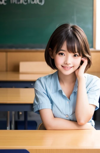   Beautiful girl with high breasts        、    short hair、smile、shy、cute、classroom、Clear、18 years old