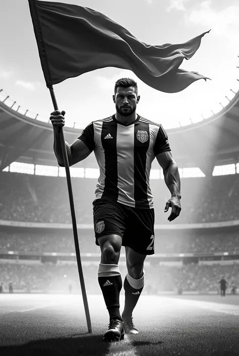 Muscular guy with Mickey  ,  face in black and white soccer uniform , walking angrily and holding black and white soccer team flag
In front of the soccer stadium