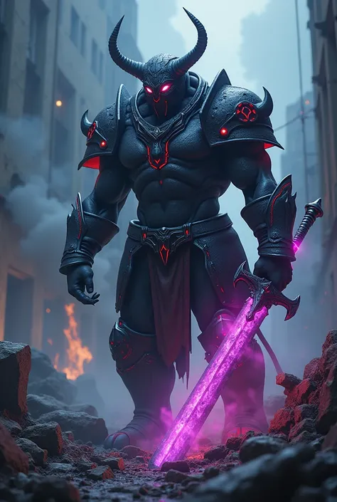 cinematic ,HKStyle, elephant Knight, violet flame sword, muscular, black lava necromantic armor with red elements , glowing eyes,smoke, nature inspired, bones as an accessory, night at the ruined city, linquivera background filled with chaotic patterns, di...