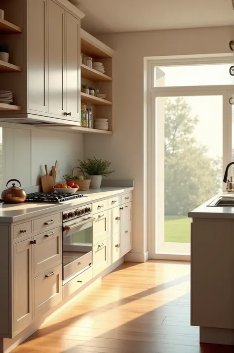 A beautiful and useful kitchen of medium height with sunlight