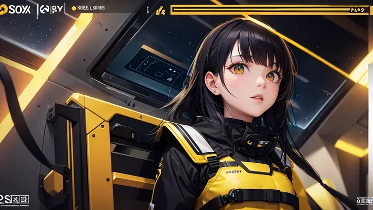 from future intelligence, technology background, complex mission, sudden mystery, unexpected result, unknown variables, strange data, confident look, space black pioneer dress, yellow eyes, black hair