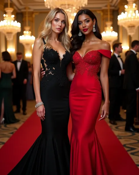 A luxurious gala setting featuring two elegant women dressed in stunning evening gowns. Myra, a 24-year-old woman with long, wavy blonde hair, striking blue eyes, and an hourglass figure, wears a sophisticated black gown with intricate lace details, a deep...