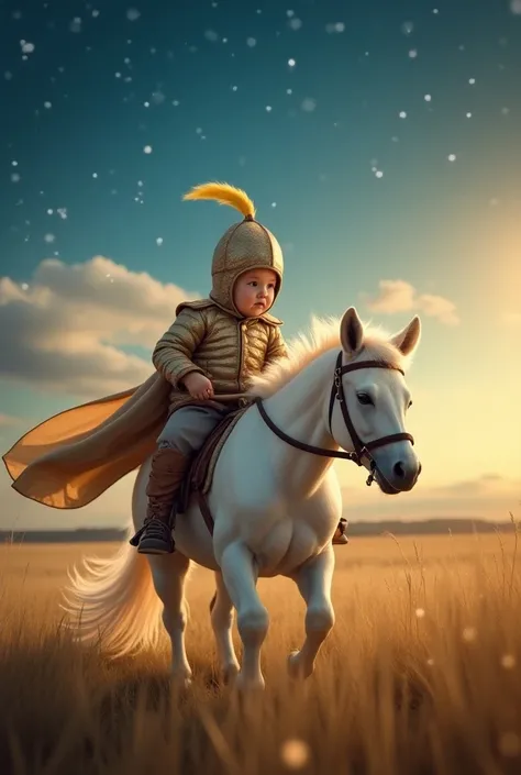 photo réaliste Un bébé habillé en petit chevalier, avec une épée en bois, chevauche un poney blanc minuscule sous un ciel au crépuscule. Les étoiles commencent à apparaître au loin, ajoutant une touche de magie."