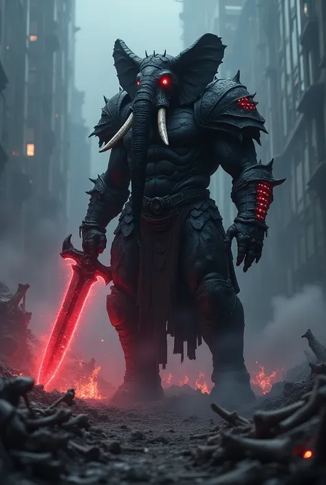 cinematic ,HKStyle, elephant Knight, violet flame sword, muscular, black lava necromantic armor with red elements , glowing eyes,smoke, nature inspired, bones as an accessory, night at the ruined city, linquivera background filled with chaotic patterns, di...