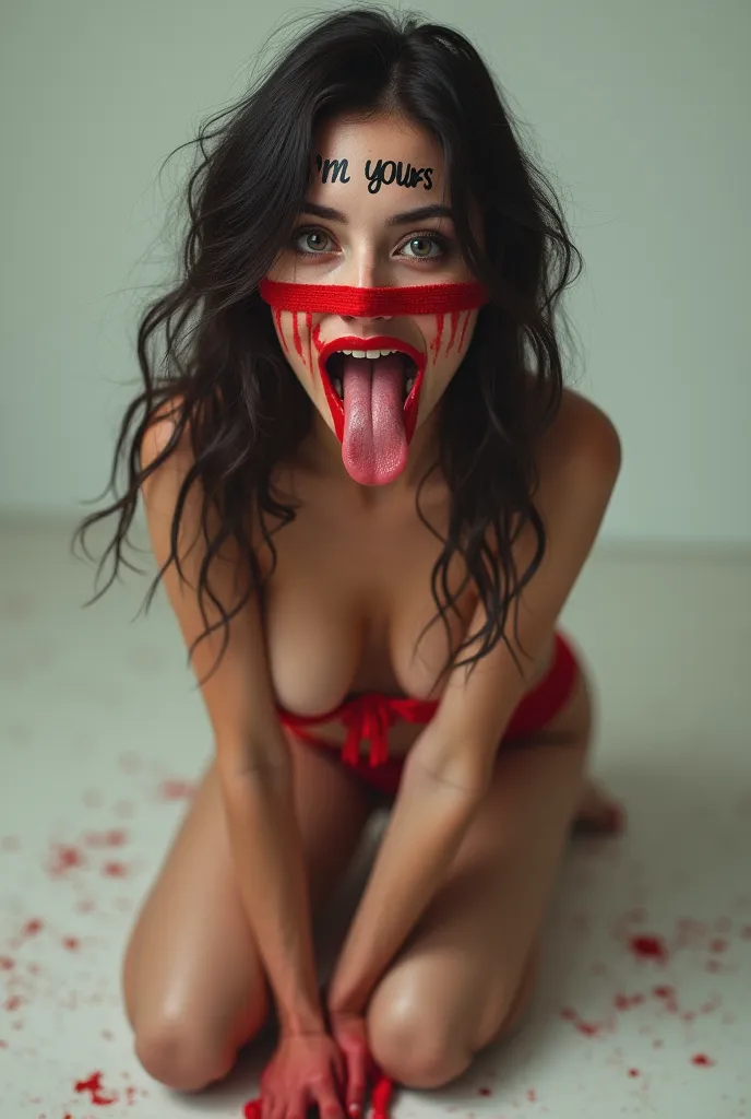 An image of a woman on her knees ,  looking straight ahead, barefoot, desnuda,  the thick lips painted deep red ,  marker the fingernails and toenails painted in intense red, with the mouth wide open , very big,  the tongue out and the panties on the face. On the forehead written with  "I&#39;m yours"