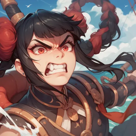 The angry character has black hair with red locks with red eyes and an angry face, angry face, on a ship at sea