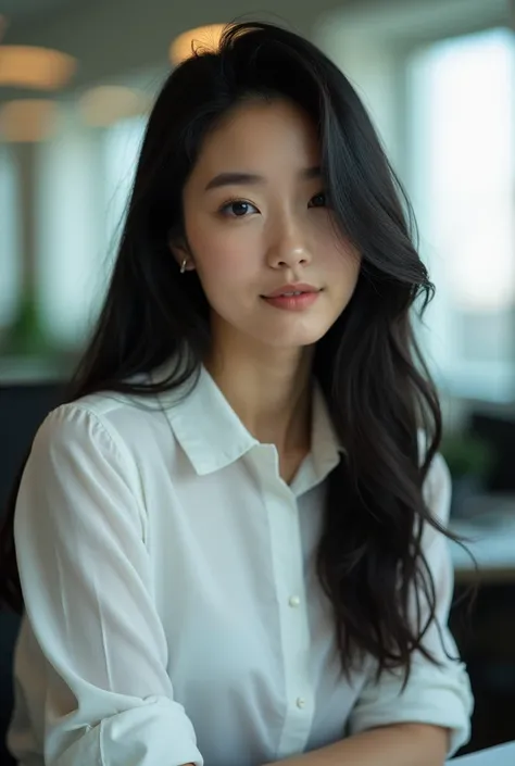 a woman with a white shirt, 18 years old, black hair, with long hair, office desk lanscape background, bokeh, portrait, hot pose