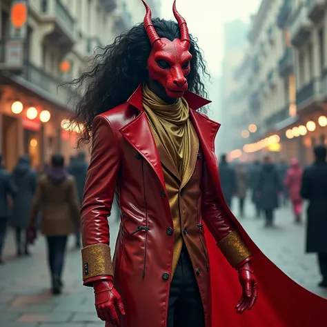 Man costume at the Venice Carnival,
glamorous man, with combed back black curly long hair, in a red rib dragon mask on his face, in a transparent polyethylene long tailcoat with a golden scarf, in red gloves, science fiction, blade runner, atmospheric, art...