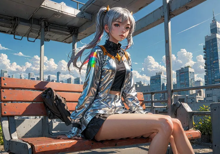 Anime Style,  1 girl, bench,star, Short Bang ,  High Ponytail ,   silver hair, Pointy ears, 生物発光する異starのジャングルの奥深く, [ Evangelion : Cyberpunk Edge Runners :0.5],  Reflective Transparent Rainbow Opaque Clothes ,  Long Sleeve ,  Loose Dress ,  long skirt,  is ...