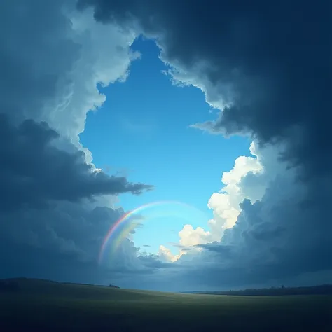 A dramatic transition scene showing dark storm clouds fading away, revealing a vibrant blue sky with a rainbow arching across the horizon.