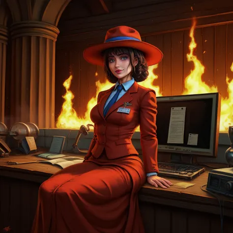 Kamala Harris in a big red hat, sitting in a burning white house, furiously typing Everything is fine on her typewriter, detailed portrait, hyper realistic, 8K, HDR, dramatic lighting, cinematic, dark and moody atmosphere, vibrant colors, photorealistic, m...