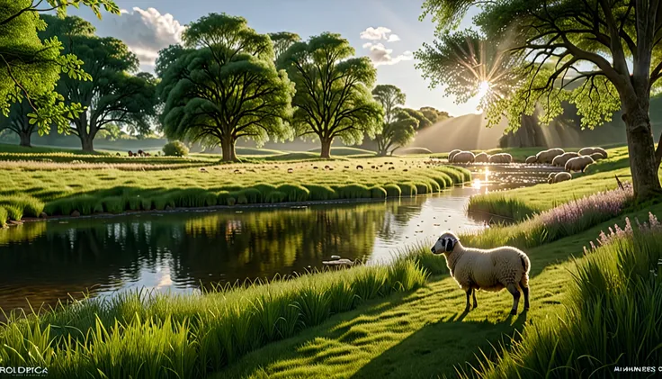 A serene, lush meadow with soft, delicate grass and a shepherd standing peacefully with a gentle, warm light casting over the scene. A river flows calmly nearby, and sheep rest at ease, surrounded by nature’s beauty. The shepherd looks over them with kindn...