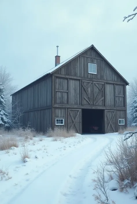 Devant le grand entrepôt en bois du père noel ressemblant à un hangar davions où il range son traîneau. La scène se passe dans la neige sans personnages. Rendu réaliste 