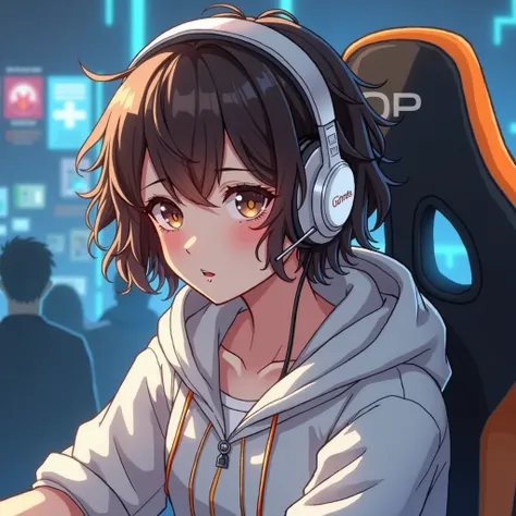 create a character,  female with short male hair, gamer, headphone, with pierced mouth .  sitting in a gamer chair .  wearing white coat and looking forward,  brown eyes ,  curly brown hair , White headset . 