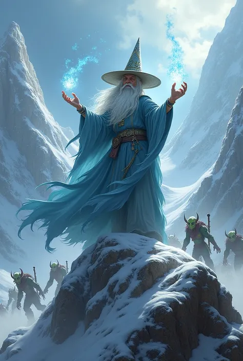 Light fantasy wizard on the mountain and fight with goblin army