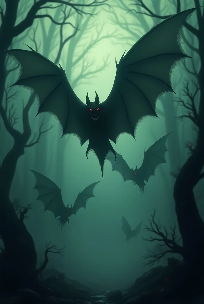 Several creepy giant bats in a shady, misty forest with no one human 