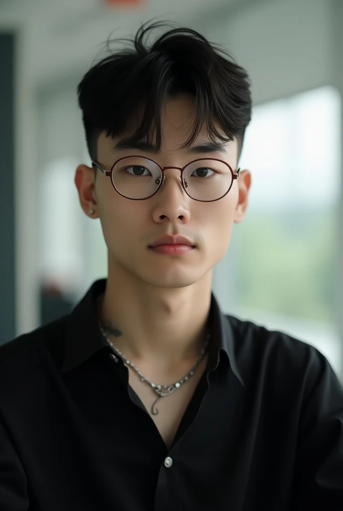 18 yr old man, french crop hairstyle, wear titanium flat necklace and korean glasses, single tattoo in side of his neck, black shirt, portrait, bokeh, light white office desk lanscape background