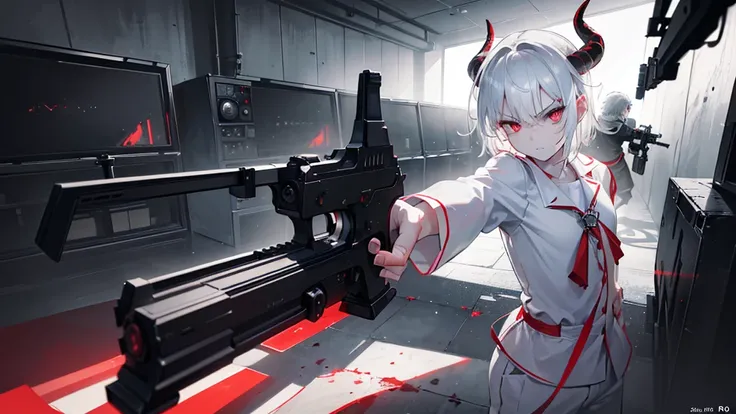 wide shot, ((1 boy with horns like a goat)), ((white medium hair:1.4)), red eyes glaring, hatred, angry, rage, holding a pistol, (aiming a pistol at viewer:1.8), (from front:1.5), ((wearing white scrub tops)), laboratory, monitor room, serious expression, ...