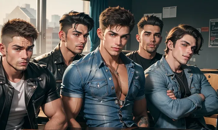 close up. group of incredibly sexy unique-looking young-adult masculine beefy male delinquents in their early 20s. sitting in a college classroom. rowdy and lusty. leather and denim clothing. males only. grinning at you, lustful. smug look. arrogant alpha ...