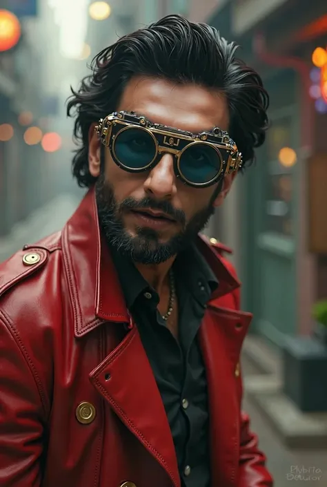 Ranveer Singh a pin up man wearing futuristic glasses with a steam punk theme with a surprised expression with her mouth open