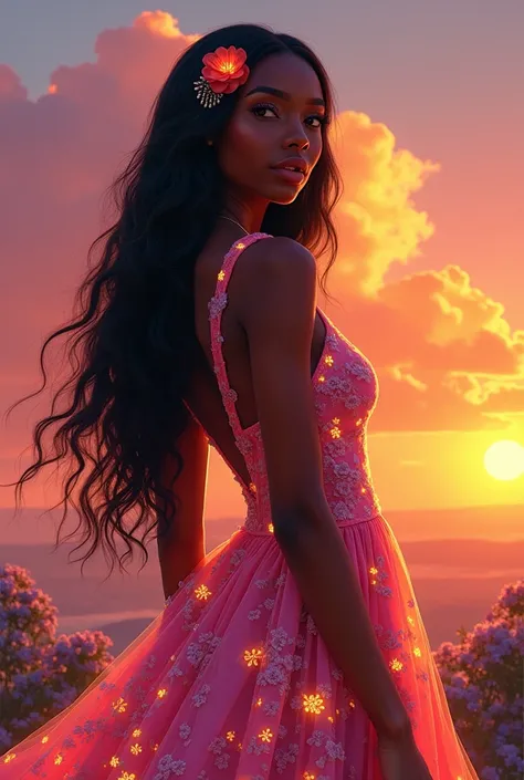 , lady with glowing flowers dress, Beau coucher de soleil, artgerm et atey ghailan, belle œuvre dart numérique, peinture numérique de rossdraws, Belle femme noire africain peinture de personnage, art conceptuel coloré, rossdraws pastel vibrant, Style artis...