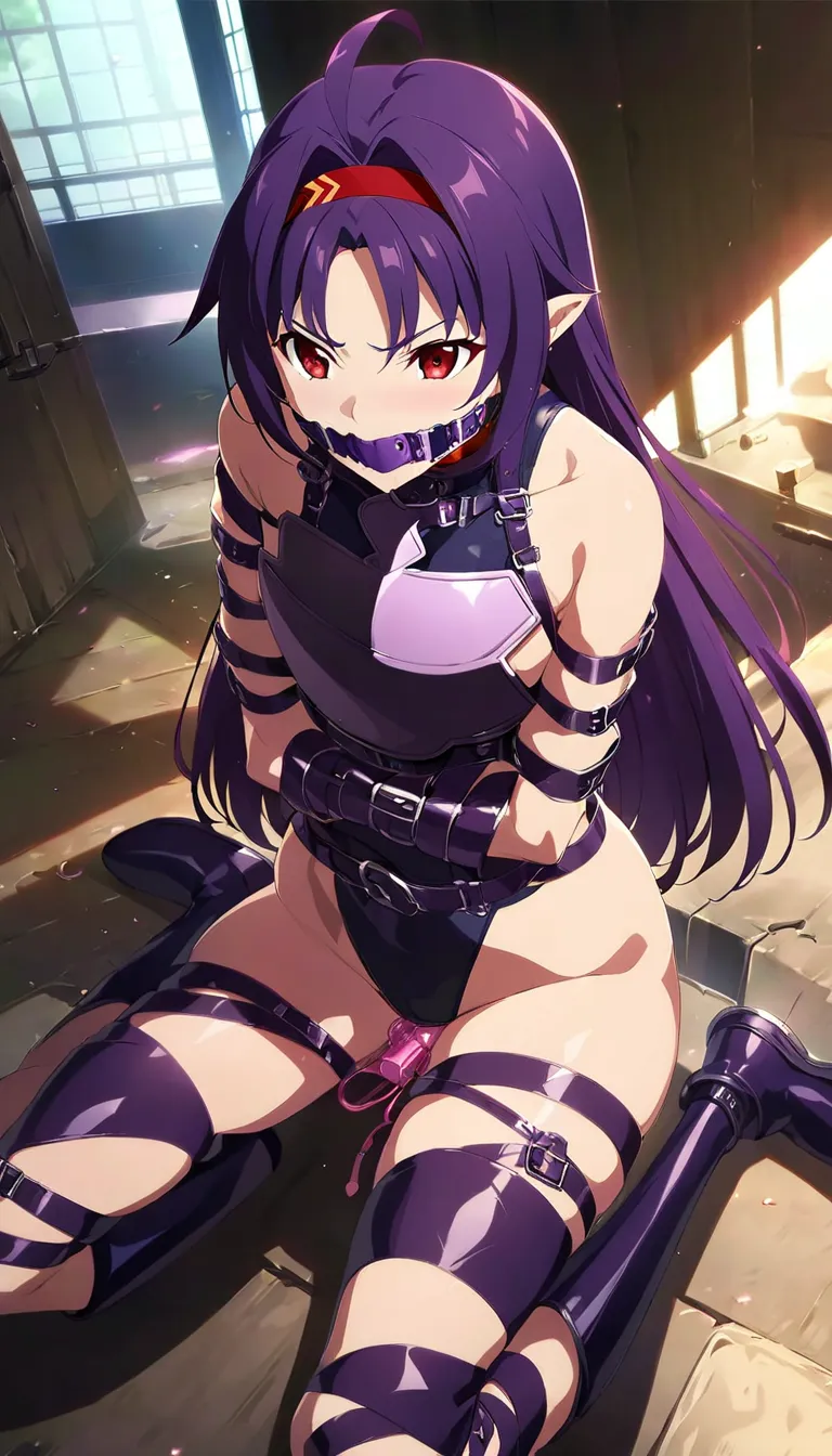 Yukibase, Purple Hair, Long Hair, Ahoge, Red eyes, Pointed Ears, hair band, armor, breastplate, Removable sleeves, leotard, Purple Skirt, Exposing shoulders, gloves, One girl, Cinematic, Game CG, Anime screenshots, Official Art, masterpiece, highest quality, one girl wearing a straitjacket, white straitjacketwhite rough hair,Full body restraint,lap belt,gagged,bitgag, Restraint belts here and there ,arms bound, Latexstraitjacket, sex toys, pink vibrator,