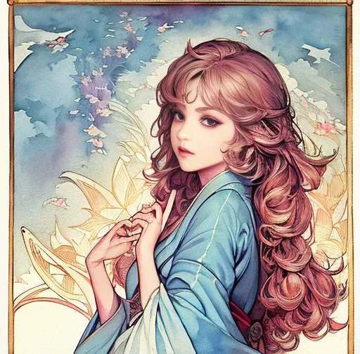 ​masterpiece: 1.7, top-quality, very extremely beautiful, Delicate use of colors、A detailed face、realistic facial expression、 art by, (watercolor paiting(Curly)、Official art、realisitic、Beautifully Aesthetic:1.3)、(1girl in:1.3)、(Fractal Art:1.3)、(Kimono)、Th...