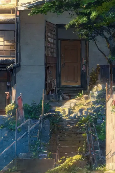 Create an anime-style, highly detailed flat art scene depicting a Japanese neighborhood at evening with warm sun rays casting dramatic shadows. The scene should include a street that winds above a mountain, with vibrant purple and orange colors filling the...