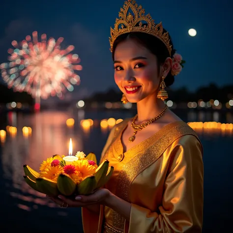 "Beautiful portrait of Nang Noppamas in traditional Siamese royal court dress holding a traditional banana stalk krathong at night, spectacular fireworks bursting in the background creating colorful reflections on water, krathong made from fresh banana tru...