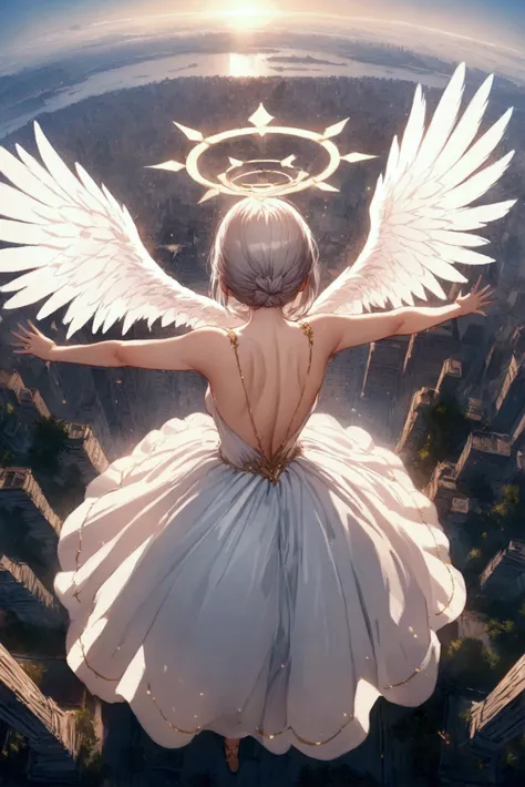 
A (back view:1.5) of a very beautiful female angel(long platinum hair, wide-backed white dress,(big beautiful angel wing from her chest),very beautiful shiny halo), she is spreading her arms wide and gently as if seeking salvation, she is above the clouds...