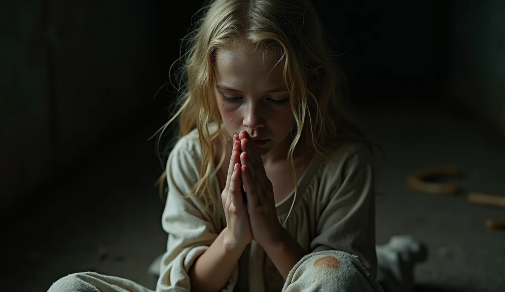 A blonde girl, , emaciated, wearing a tattered and very dirty white t-shirt, feeling sad, her dirty face while praying, elegantly wrapping her hands in a prayer position, hands raised in worship, tears glistening on her cheeks, sitting on dark background, ...