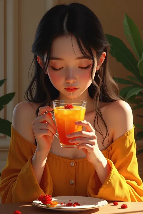 Girl while drinking suffron drink 