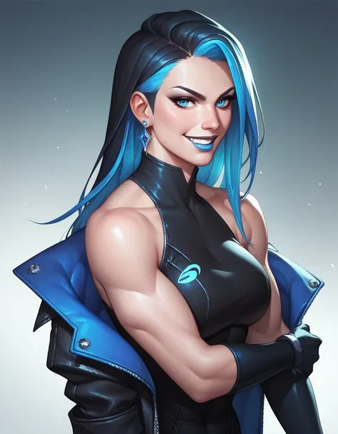 female black sleeveless bodysuit and jacket with bare shoulders and racerback, long gloves, toned arms, beautiful faces, wearing black sleeveless coat, blue nail, light blue lips, long black colored hair, black colred earrings, soft smooth skin, pale skin,...