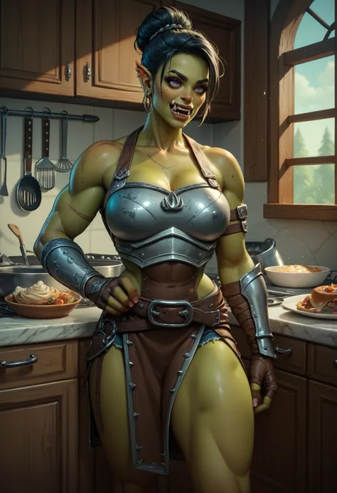  an incredible orc woman fighting in armor, is standing in the kitchen cooking ,cool style , maximum details ,crazy orc girl , sweet atmosphere , maximum of realism and detail ,