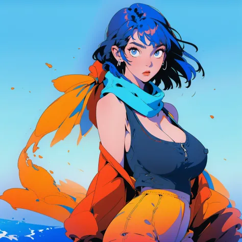 female 1 person、High image quality、 Hi-Res、 Very Big Breasts、Very big ass、scarf、 short hair、 sleeveless、 shorts, the wind is blowing 、 school pool 、flaty3ll0wblu3, glowing,cowboy shot,
