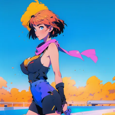 female 1 person、High image quality、 Hi-Res、 Very Big Breasts、Very big ass、scarf、 short hair、 sleeveless、 shorts, the wind is blowing 、 school pool 、flaty3ll0wblu3, glowing,cowboy shot,
