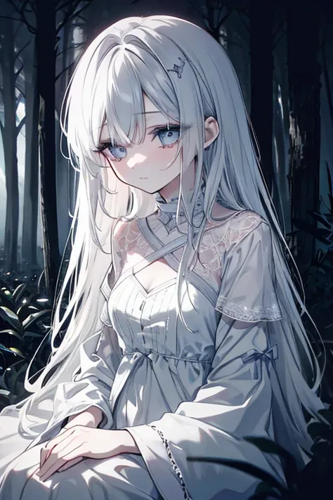 A sad and lonely girl, beautiful detailed eyes, beautiful detailed lips, extremely detailed eyes and face, long eyelashes, melancholic expression, wearing a white dress, sitting in a dark and gloomy forest, moonlight shining through the trees, dramatic lig...