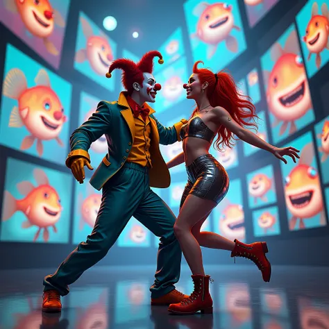 a male clown in his 30s dancing with a girl dressed in cyberpunk clothes surrounded by screens with fish laughing at them