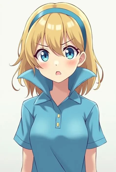 Furious Cute Blonde Anime Maria Robtink with blue eyes wearing a blue headband and wearing a Massive Blue Popped Collar Polo with her collar fully popped up Taller than her head