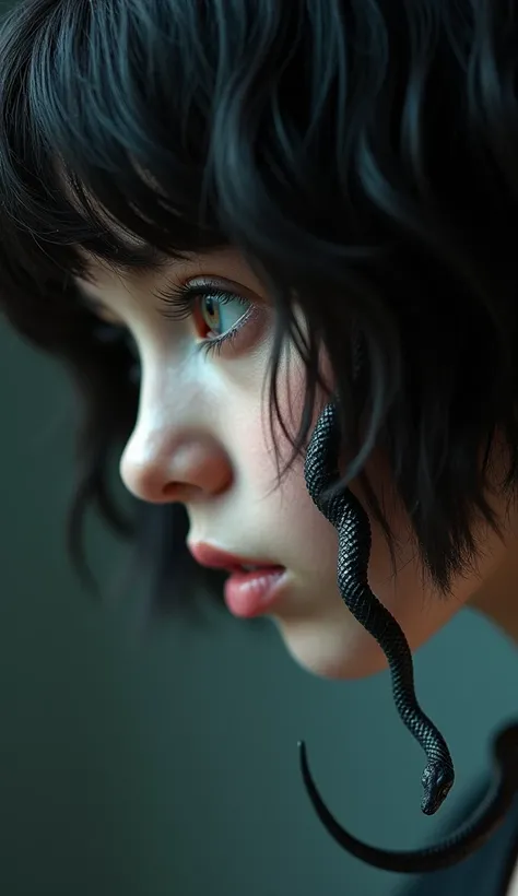 black snakes crawl out of the beautiful girls empty eye sockets and intently look at the author with a girl with dark shaggy short hair ,   professional photo ,  realistic, beautiful, aesthetically pleasing,  High resolution, close up, 4K, ISO 100, f/2.8, ...