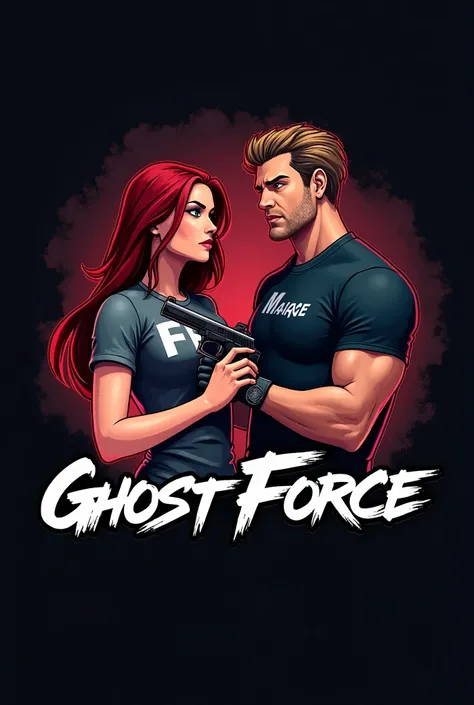 Create an animated logo of two people: a girl who is fisting her male partner, the girl who has a nice body who says the word ghost on the left side of the shirt with the initials ff, the male who is also holding a gun, that his shirt says ghost on the lef...