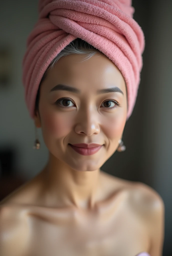 A sexy still very young looking 50 yearsold mature Filipino girl with a pink hair towel completely covering her head she is getting married wearing a bathrobe standing in a makeup room High-k ey lighting Style, 1girl, sol o,gray hair, completely gray hair,...